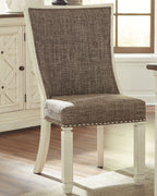 Upholstered dining side chair with lattice back, brown fabric, turned legs, nailhead trim