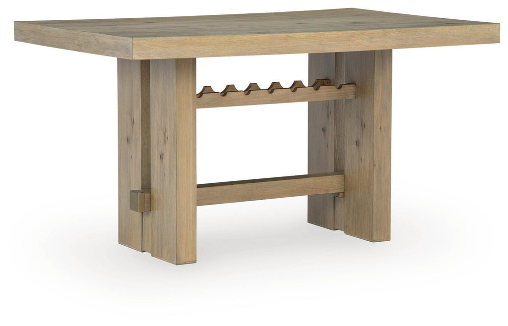 Rectangular dining table with light brown wood top and open shelf apron