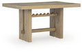 Rectangular dining table with light brown wood top and open shelf apron