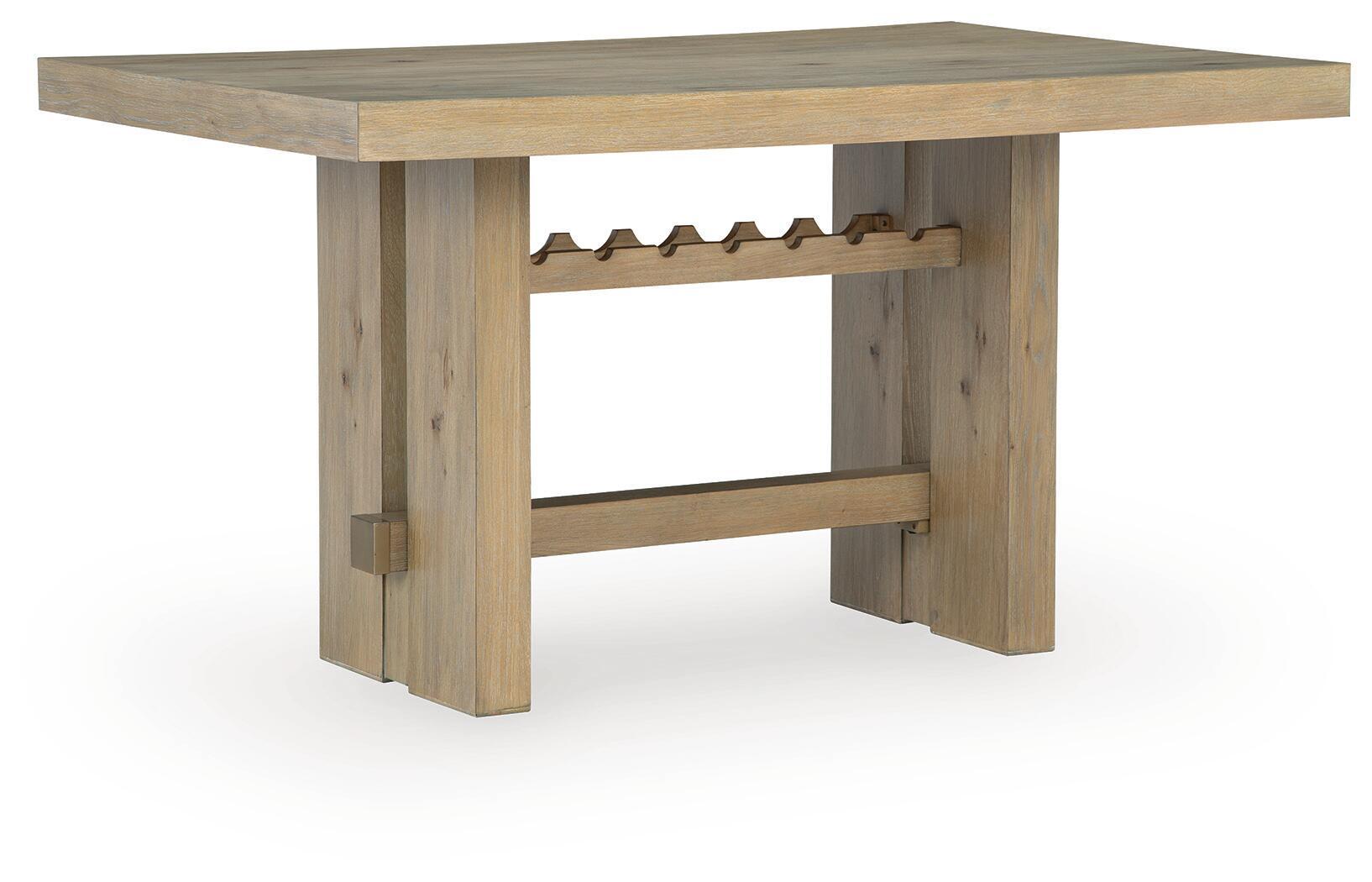 Rectangular dining table with light brown wood top and open shelf apron