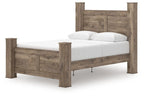 Light brown poster bed with white mattress and two pillows, side view