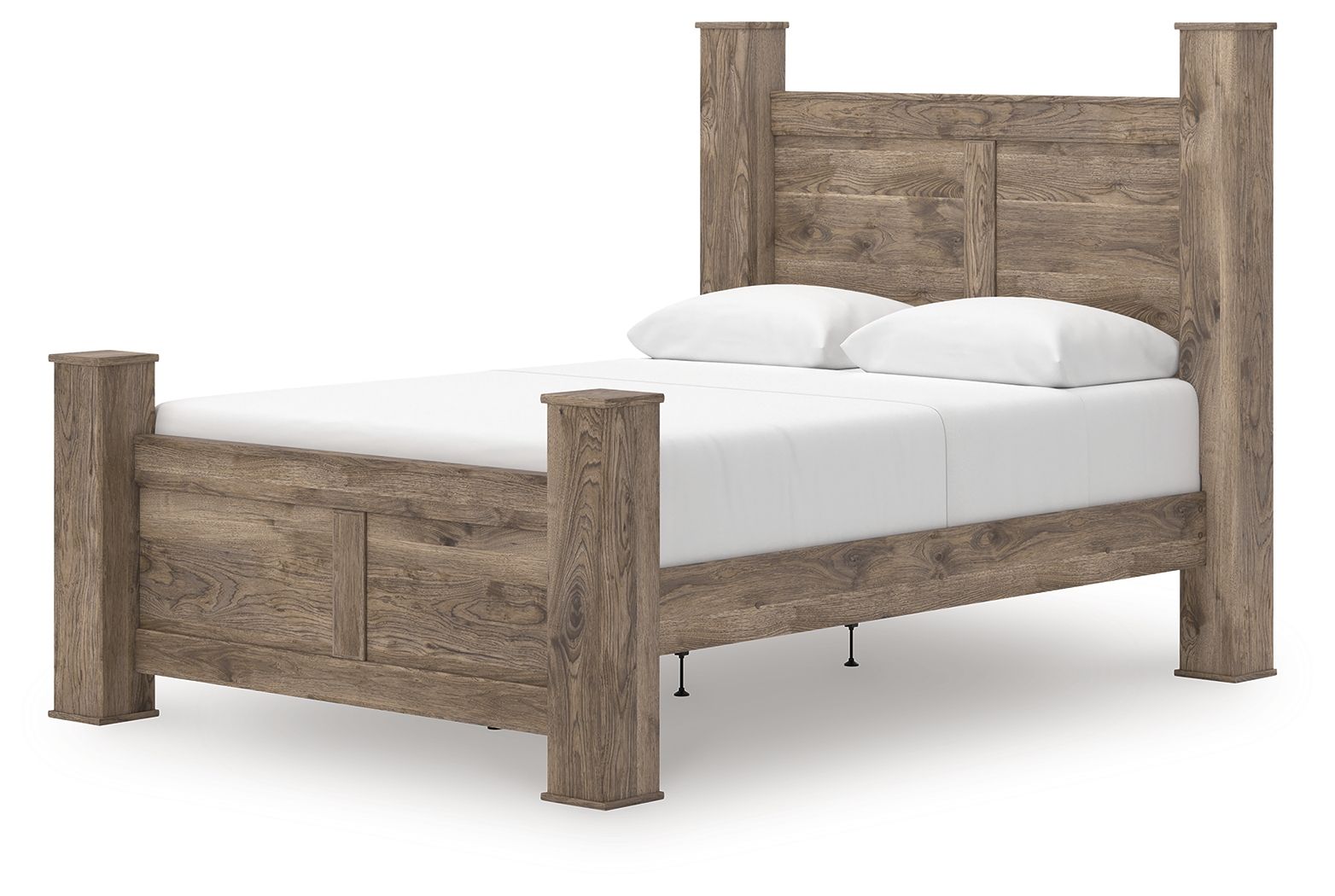 Light brown poster bed with white mattress and two pillows, side view
