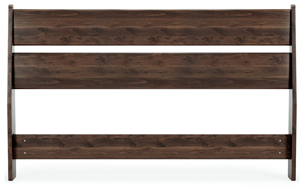 Light brown wood headboard with wide horizontal slats and open center
