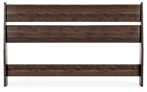 Light brown wood headboard with wide horizontal slats and open center