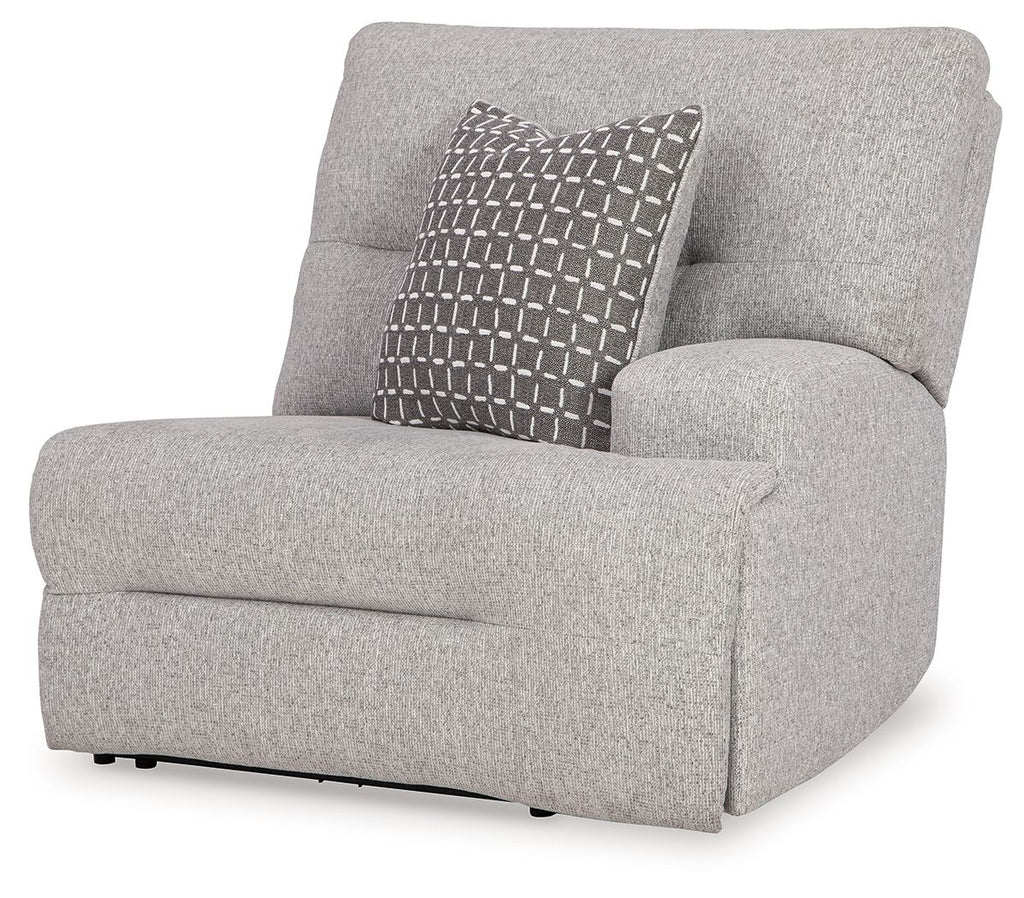 Pewter fabric power recliner with square arm and patterned seatback cushion