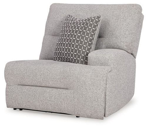 Pewter fabric power recliner with square arm and patterned seatback cushion