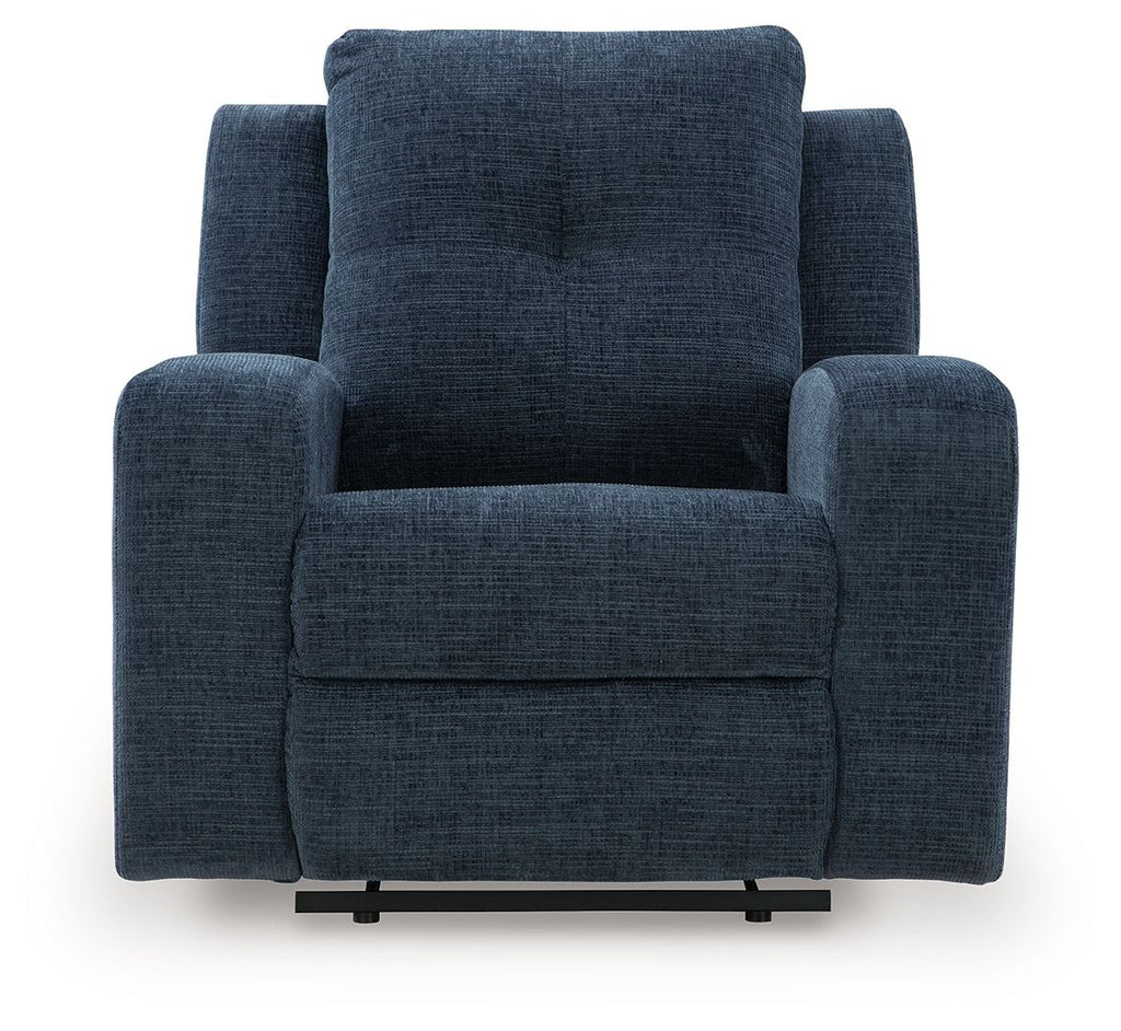 Ink blue upholstered wall recliner with tall headrest, padded armrests, and thick seat