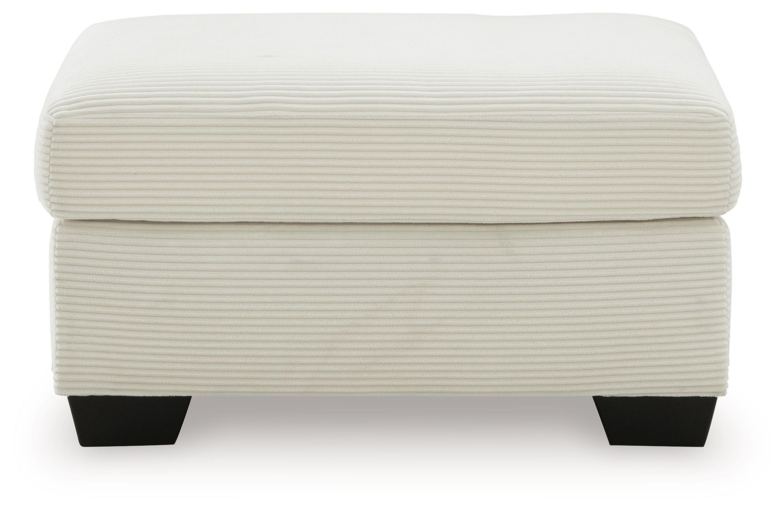 Cream upholstered ottoman with padded lid and ribbed sides, supported by dark legs