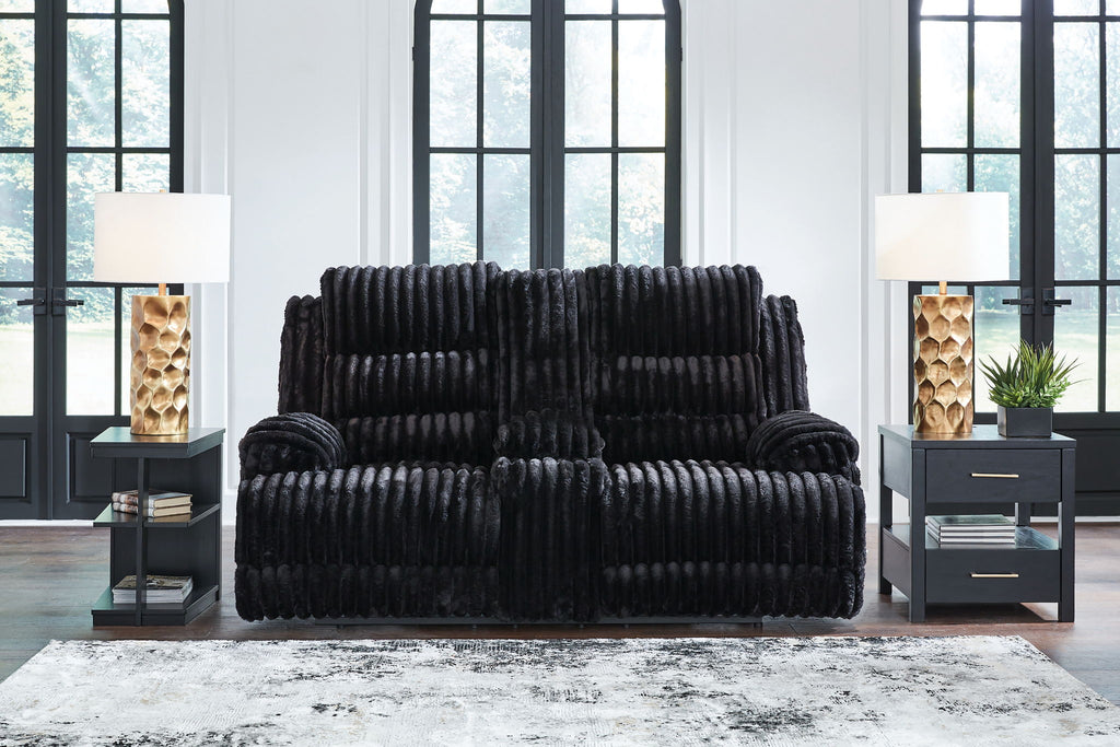 Onyx double reclining loveseat with plush padded arms and padded back cushions