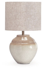 Cream beige metal table lamp with fabric drum shade and speckled ceramic base
