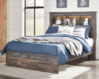 Panel bookcase bed with under-drawer storage, dark wood frame, blue bedding, open back shelf