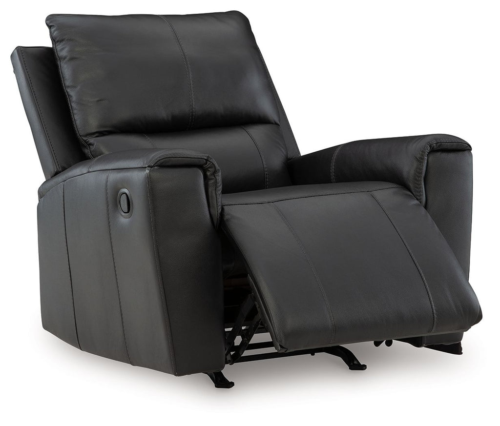 Black leather-look rocker recliner chair with extended footrest and side controls