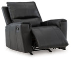 Black leather-look rocker recliner chair with extended footrest and side controls