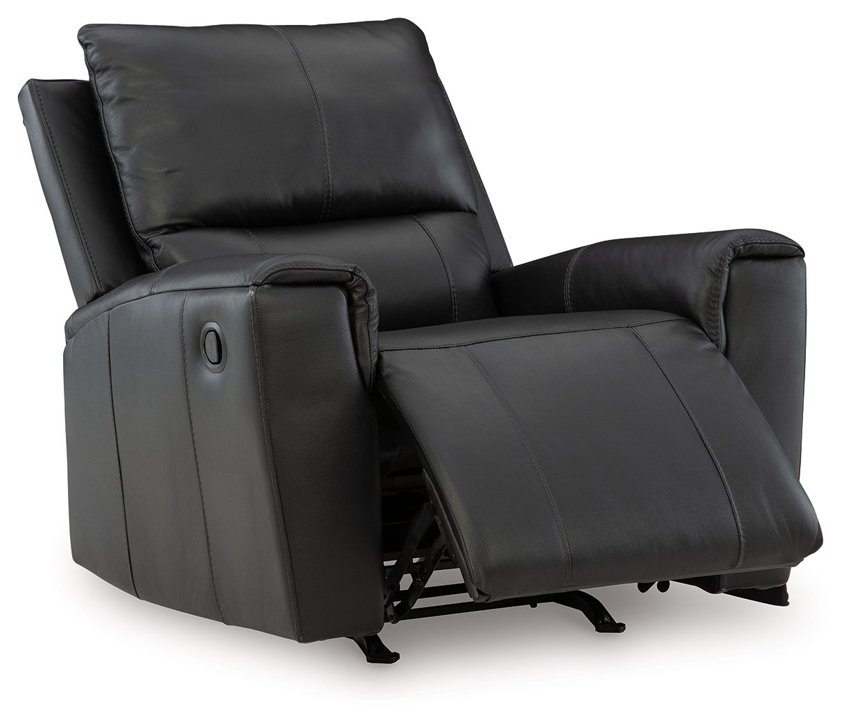 Black leather-look rocker recliner chair with extended footrest and side controls