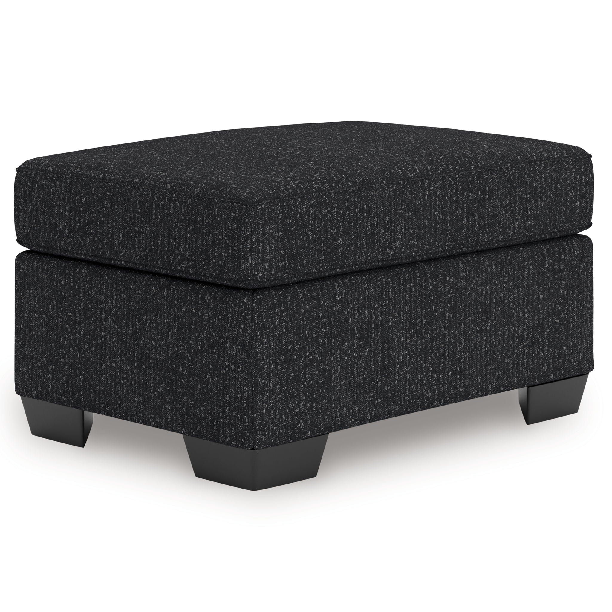 Coal gray upholstered ottoman with cushioned top and short block legs