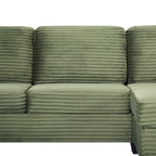 Green corduroy sectional sofa, ribbed back and seat cushions