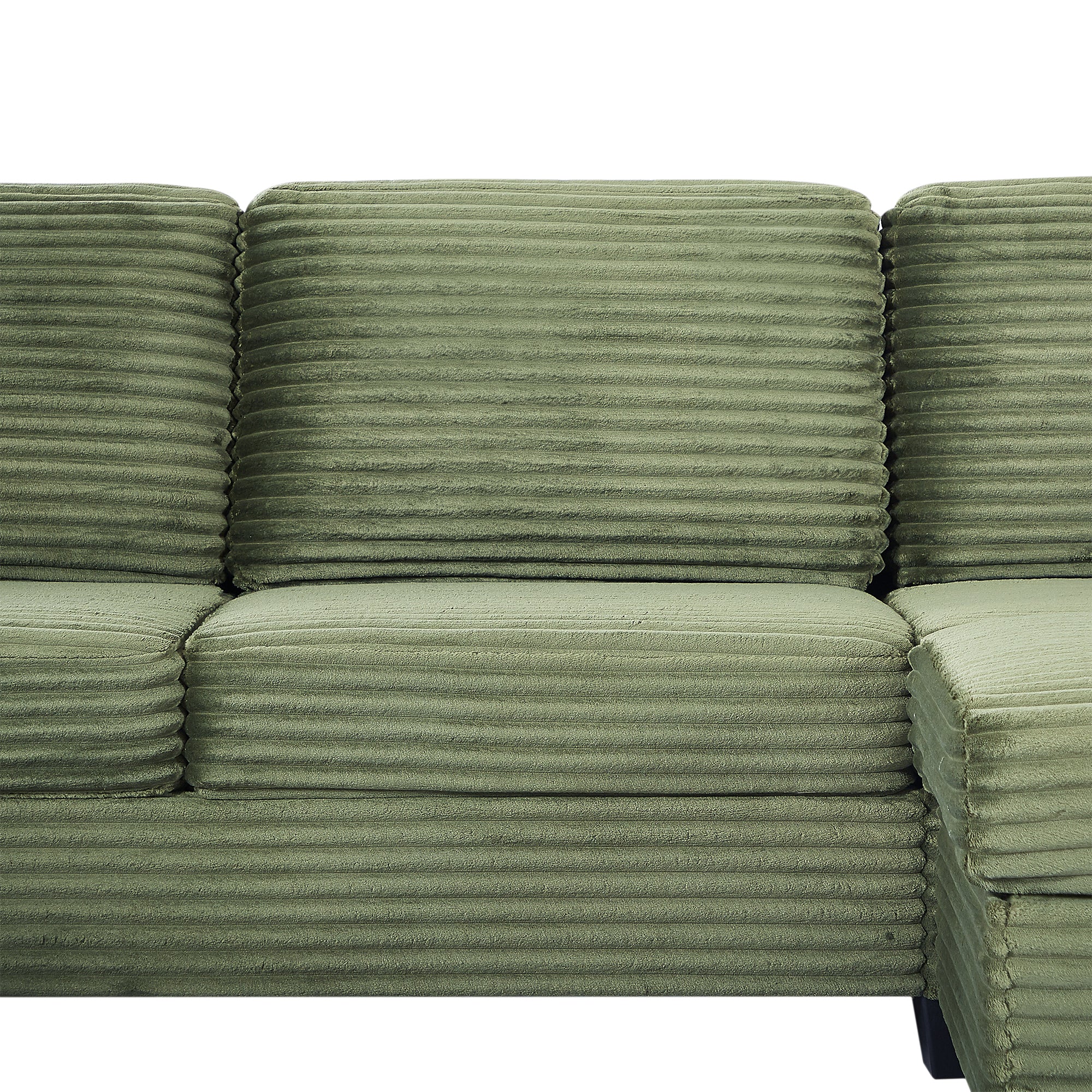 Green corduroy sectional sofa, ribbed back and seat cushions