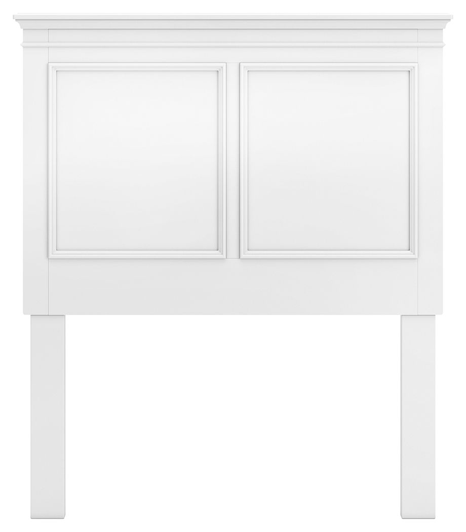 White panel headboard with two inset panels and four square legs