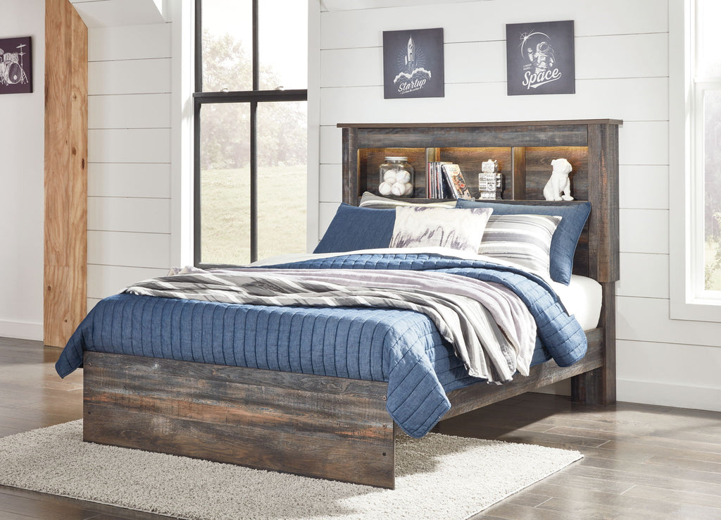 Panel bookcase bed with under-drawer storage, dark wood frame, blue bedding, open back shelf