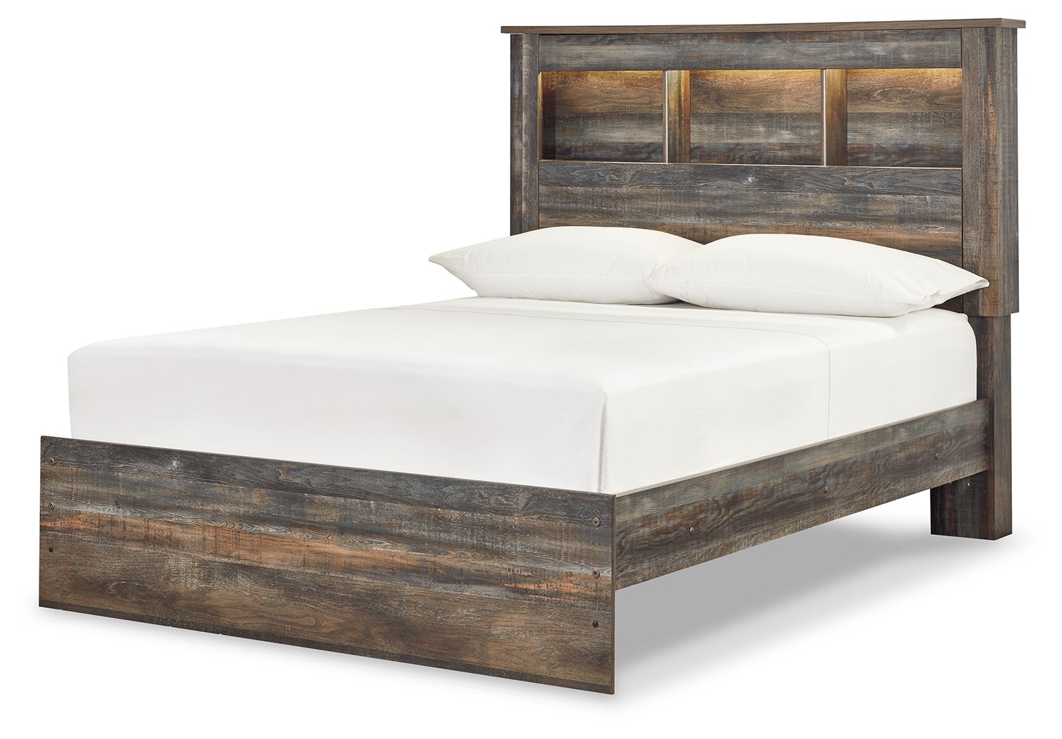 Panel bookcase bed with dark wood frame and open shelf headboard, no drawers shown