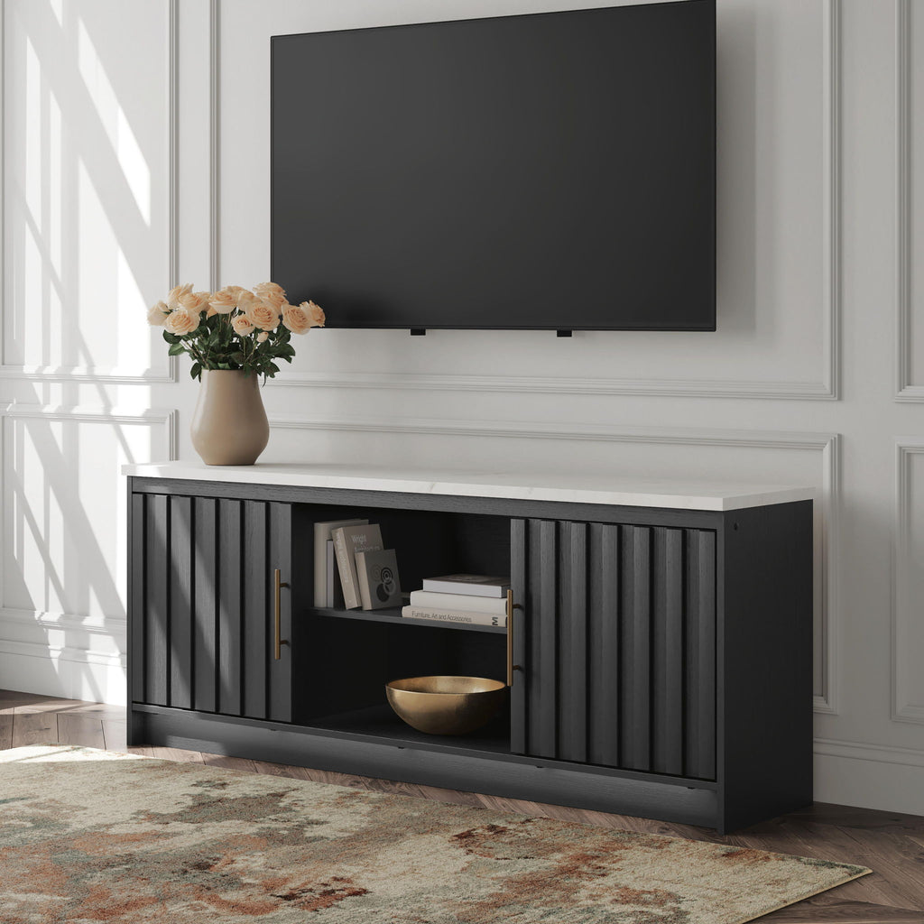 Black TV stand with two-door cabinet and open center shelf, vertical slat doors