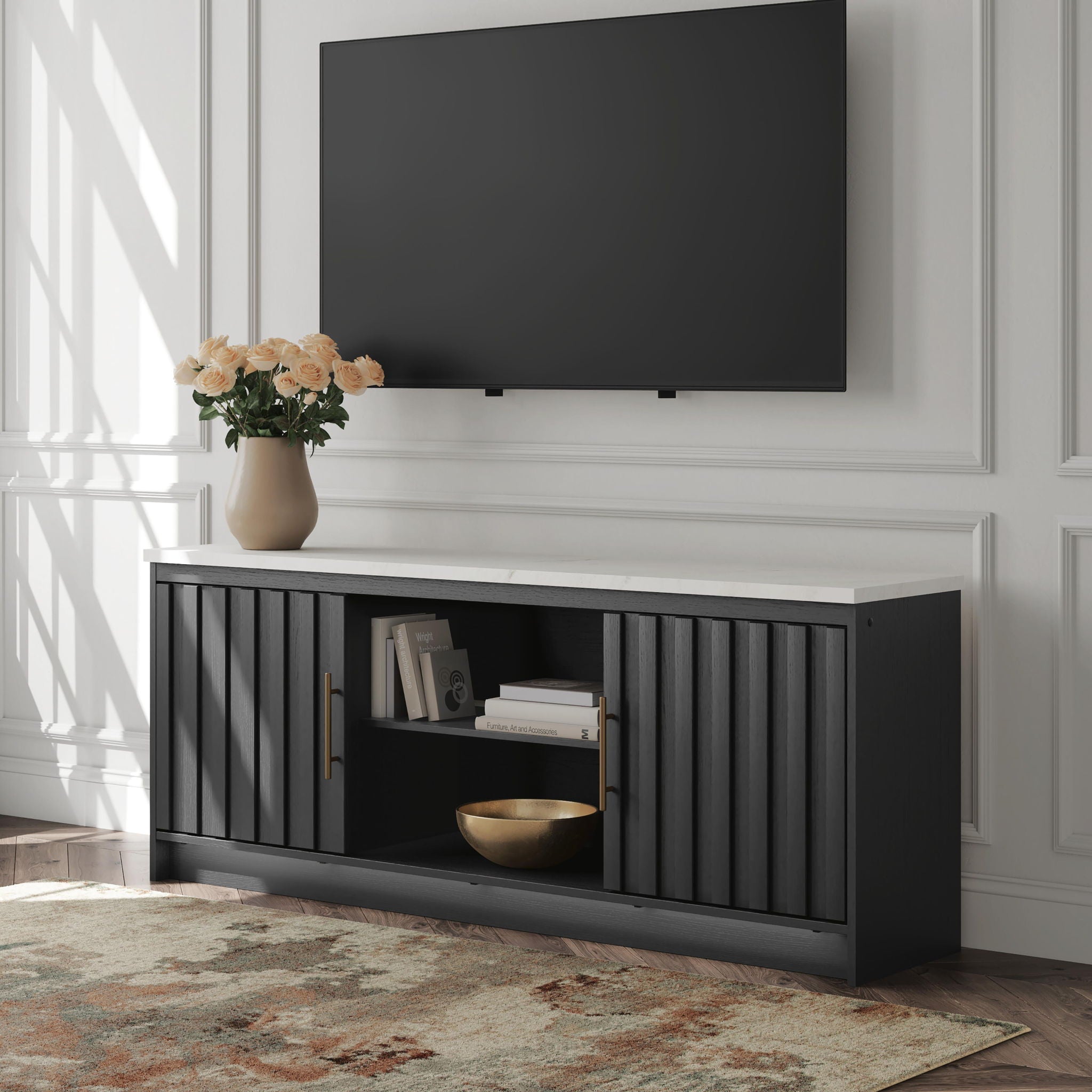 Black TV stand with two-door cabinet and open center shelf, vertical slat doors