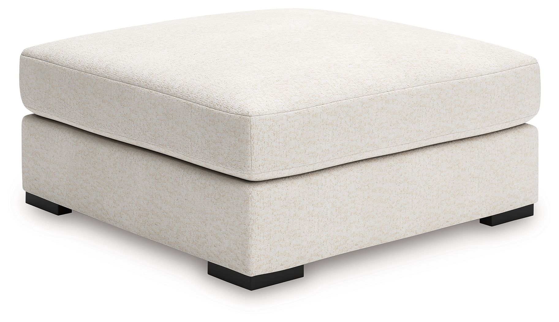 Vanilla upholstered accent ottoman with square top and dark legs