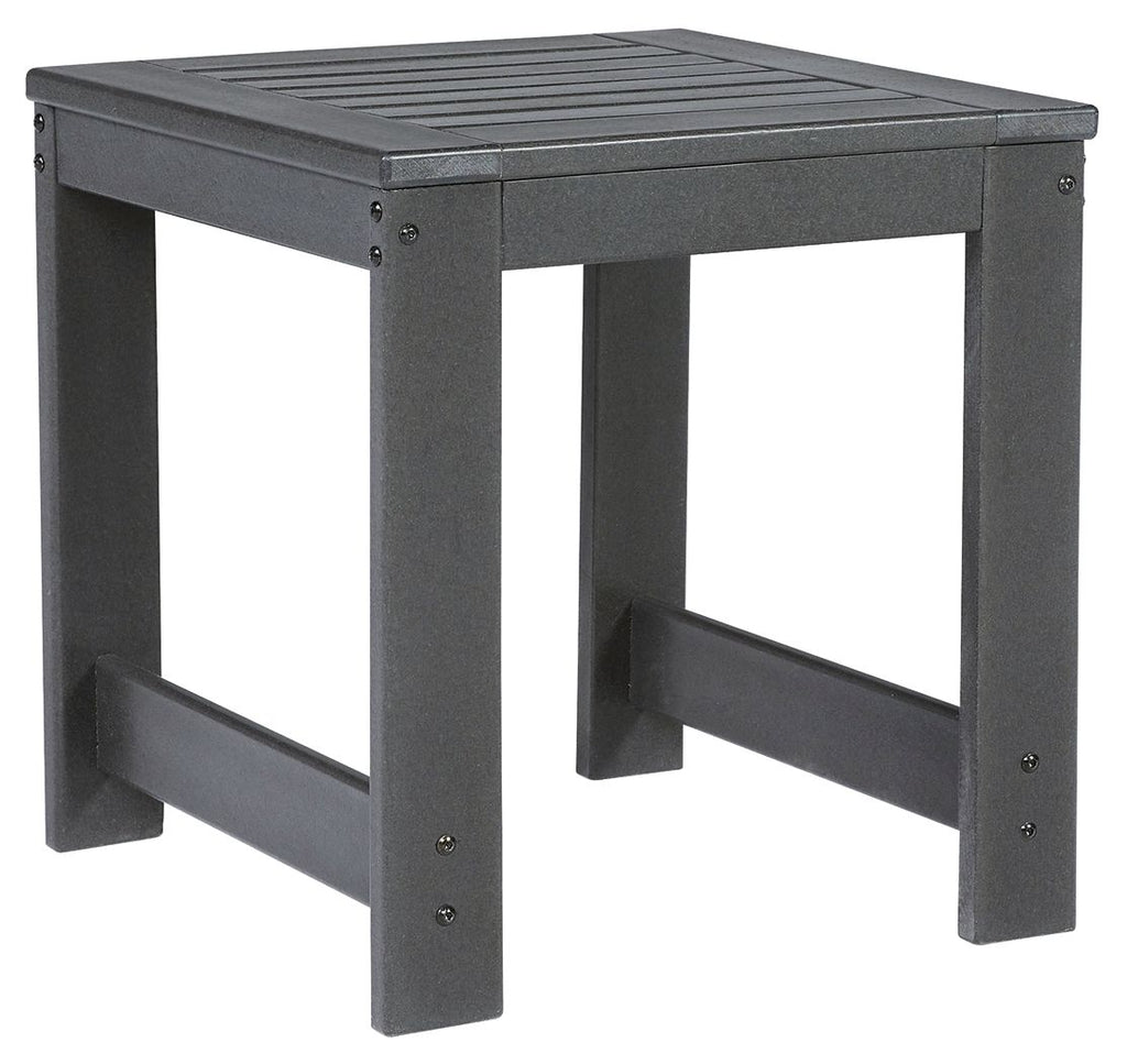 Charcoal gray square end table with slatted top and lower shelf frame