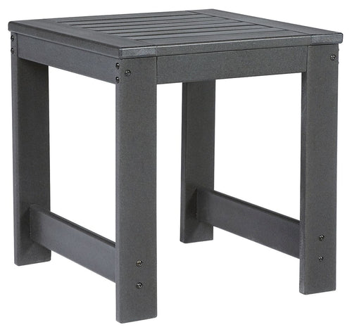 Charcoal gray square end table with slatted top and lower shelf frame