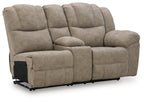 Reclining loveseat with console, taupe fabric, padded armrests and back cushions