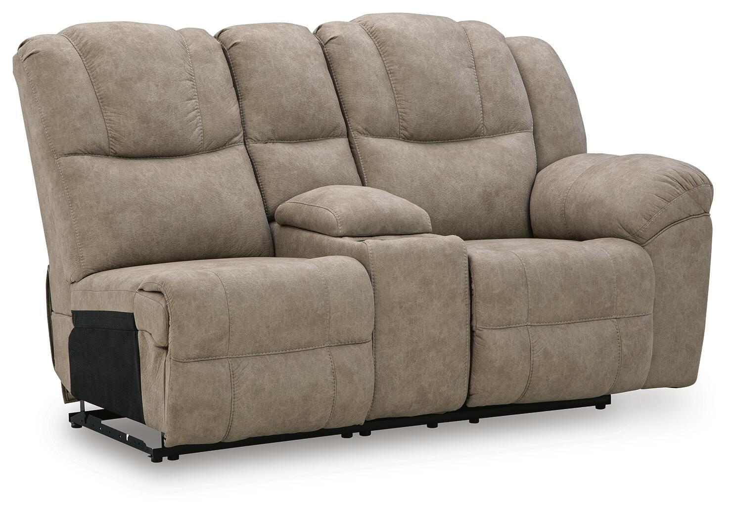 Reclining loveseat with console, taupe fabric, padded armrests and back cushions