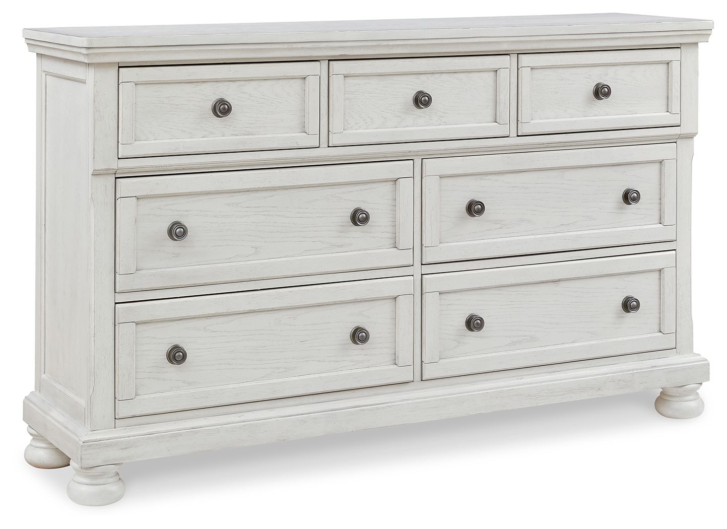 Antique white dresser with nine drawers and metal knobs, straight top rail.