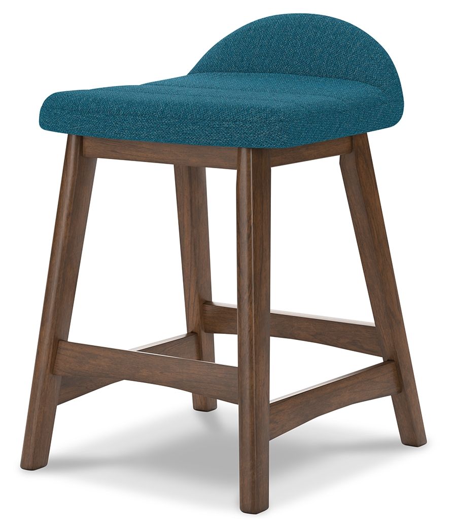 Upholstered barstool with teal blue fabric seat and curved back, medium wood legs.