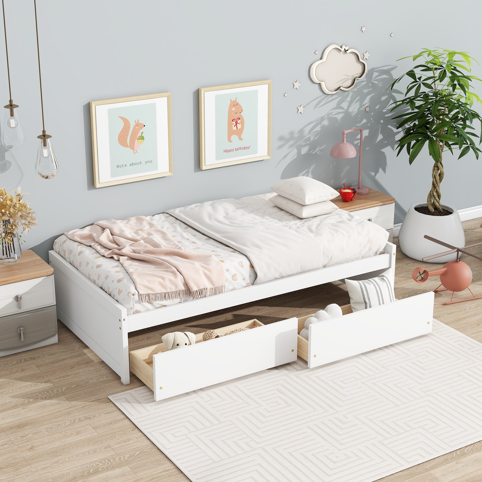 Twin Size White Bed with 2 Storage Drawers, Solid Rubber Wood Build