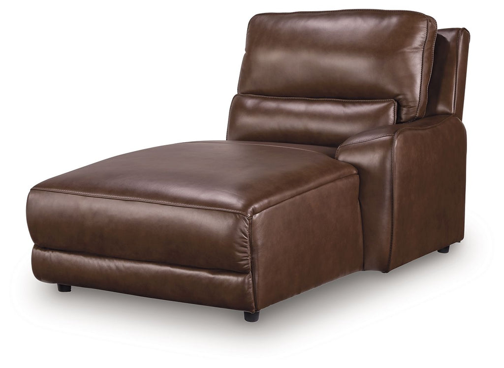 Press-back power chaise with dark brown leather upholstery and squared arms