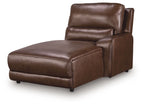 Press-back power chaise with dark brown leather upholstery and squared arms