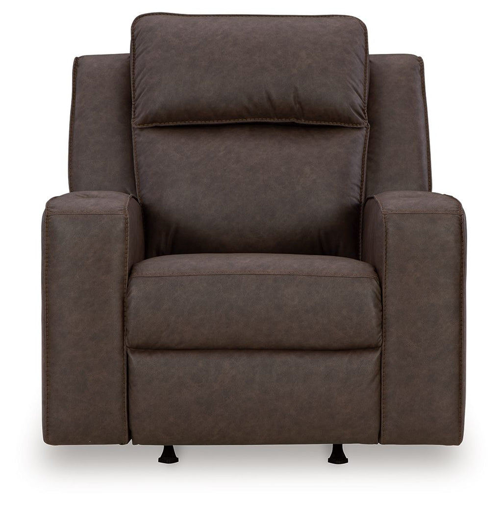 Dark gray fabric rocker recliner, front view with wide cushioned arms and seat