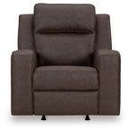 Dark gray fabric rocker recliner, front view with wide cushioned arms and seat