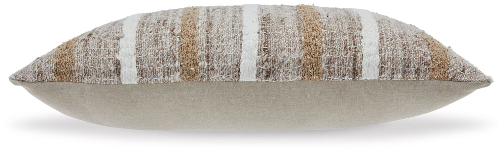 Rectangular striped pillow with light brown and beige face, side view