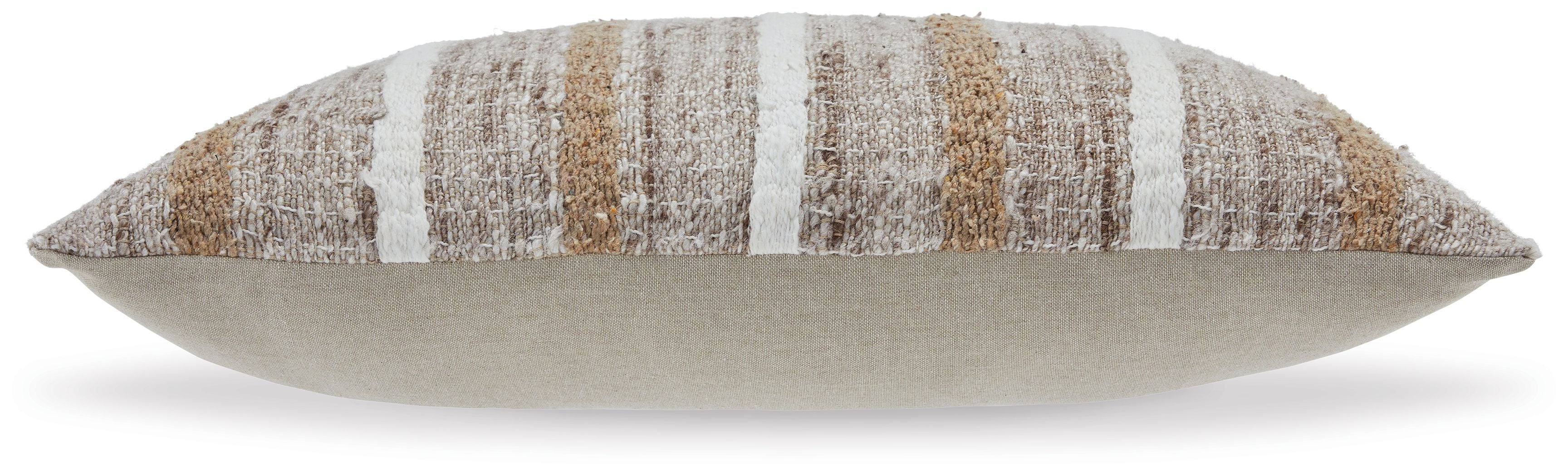 Rectangular striped pillow with light brown and beige face, side view