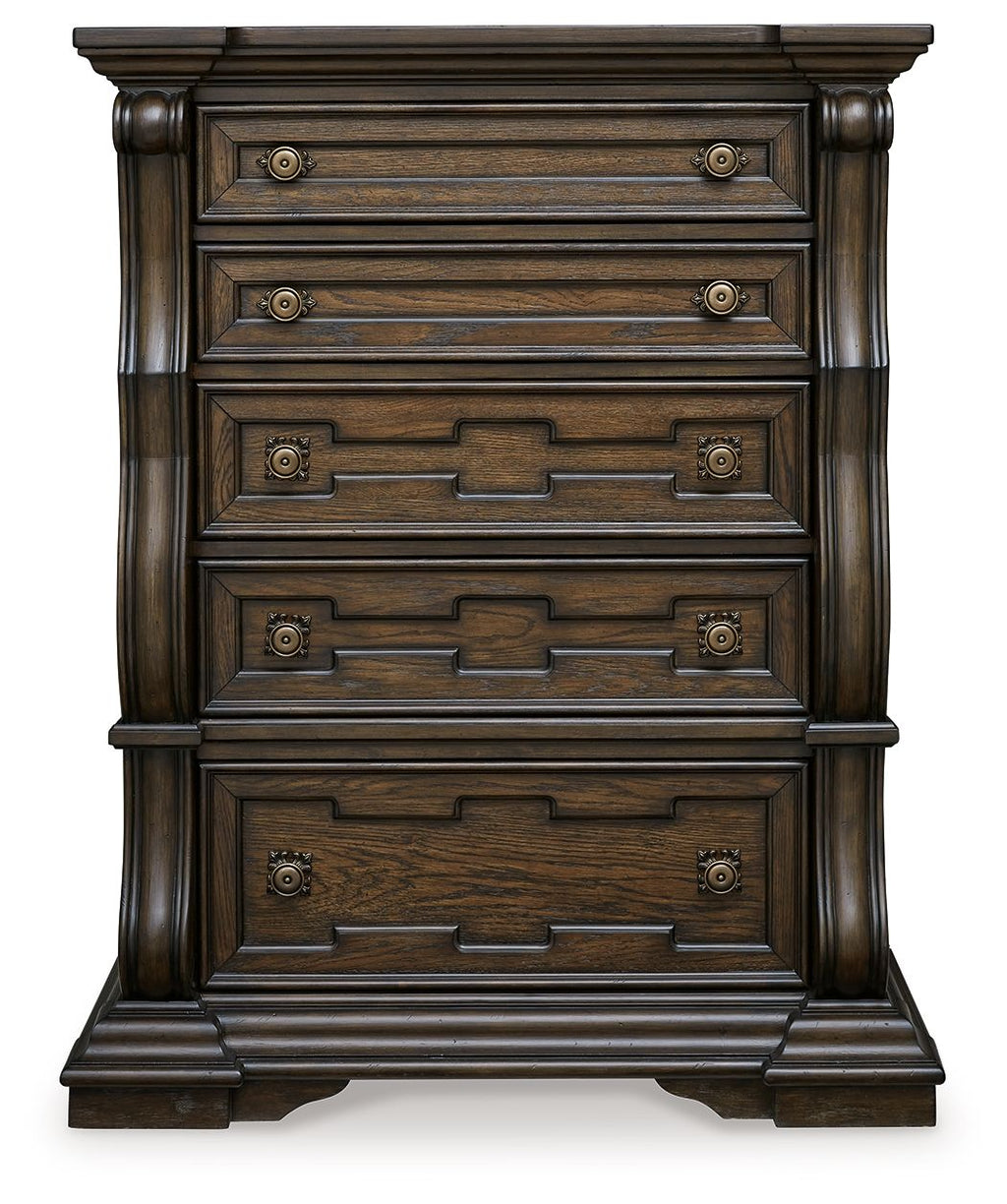 Dark brown five-drawer chest with brass-tone drawer pulls