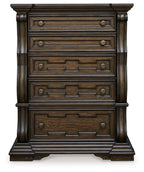 Dark brown five-drawer chest with brass-tone drawer pulls