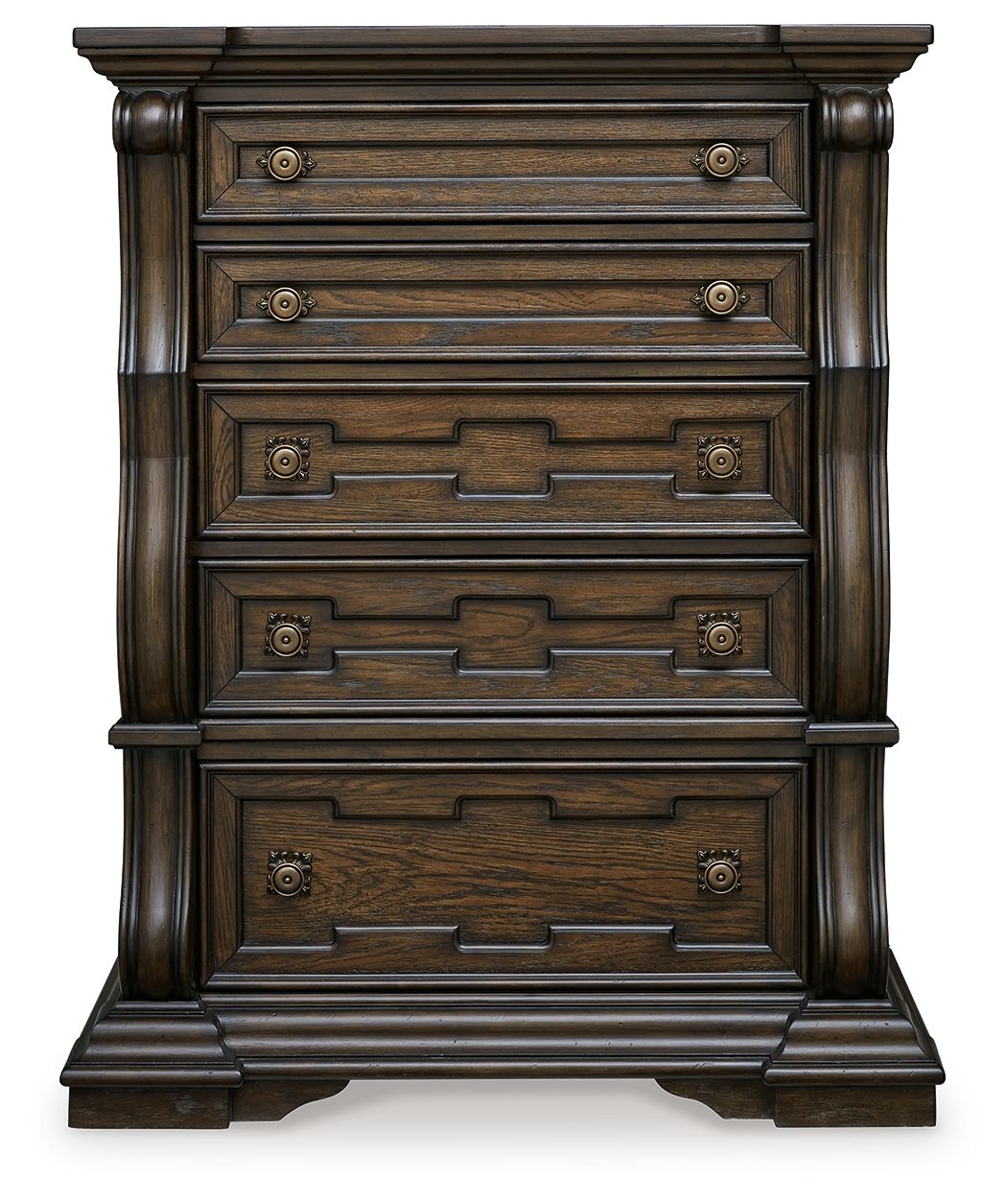 Dark brown five-drawer chest with brass-tone drawer pulls
