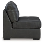 Armless chair with curved backrest and dark gray faux leather upholstery