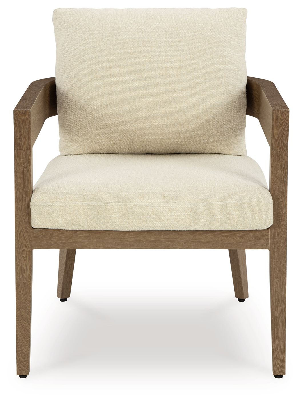 Arm chair with dark brown wooden arms and beige seat and back cushions