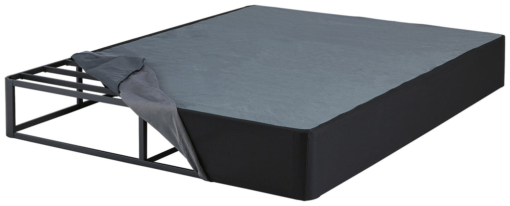 Black foundation base with dark gray top on metal bed frame, angled view