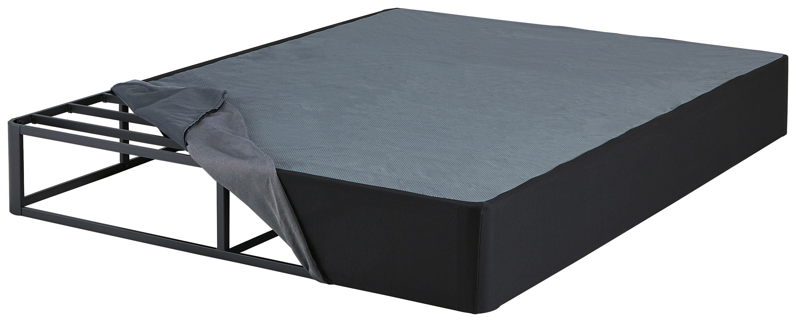 Black foundation base with dark gray top on metal bed frame, angled view