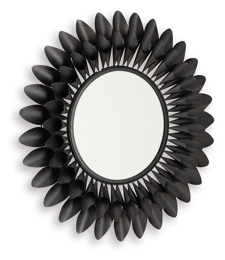 Round accent mirror with dark metal petal frame, angled view