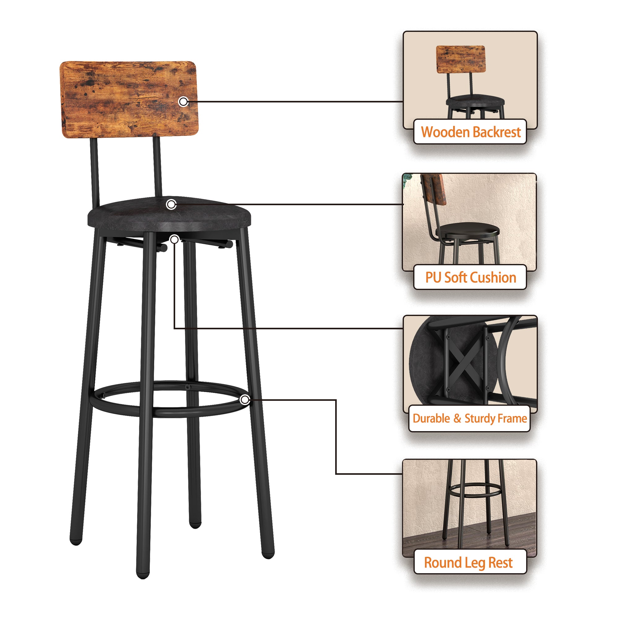 Rustic Round Bar Stools with Shelf (Set of 2)