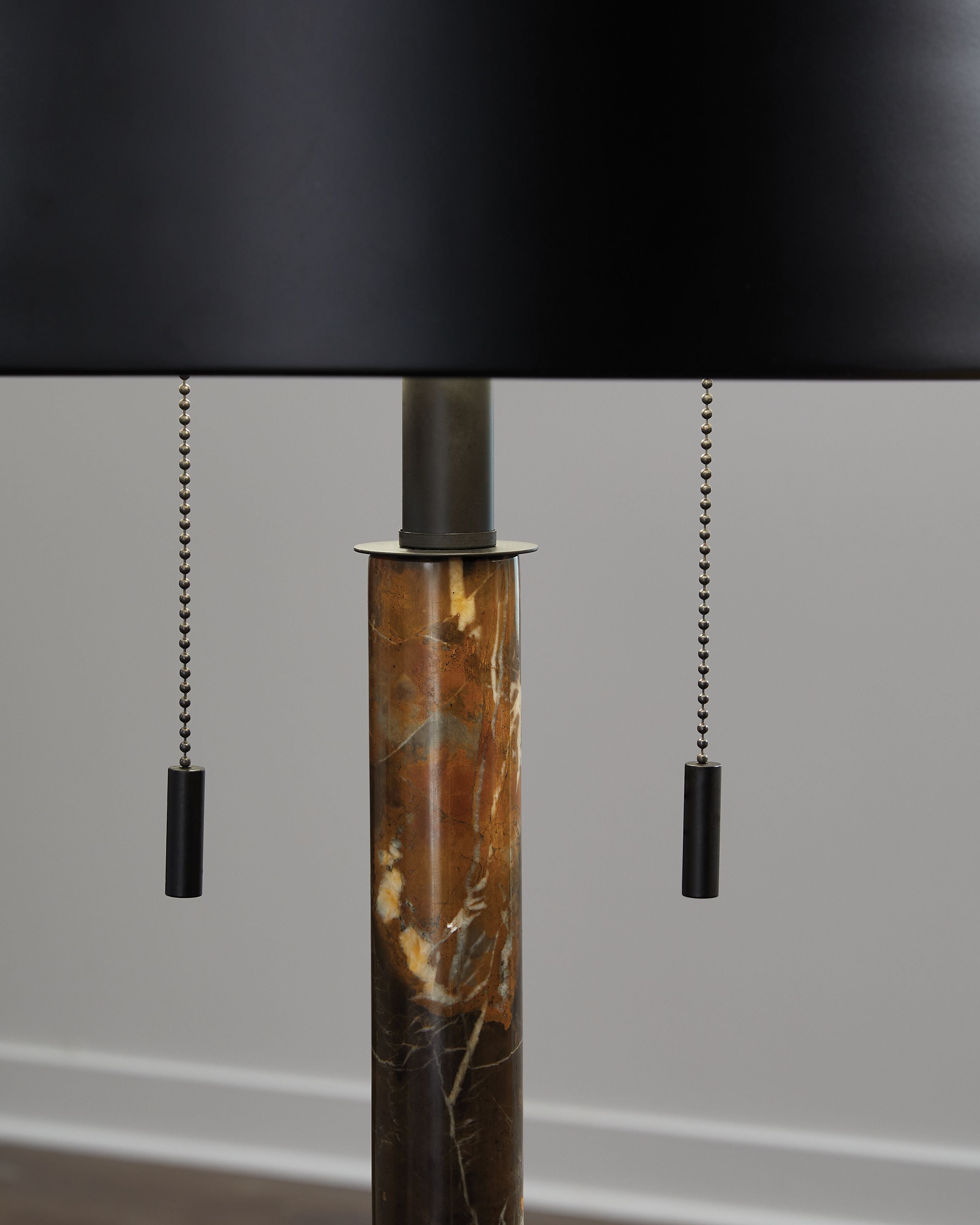 Metal table lamp column base with black finial and textured brown marbled metal